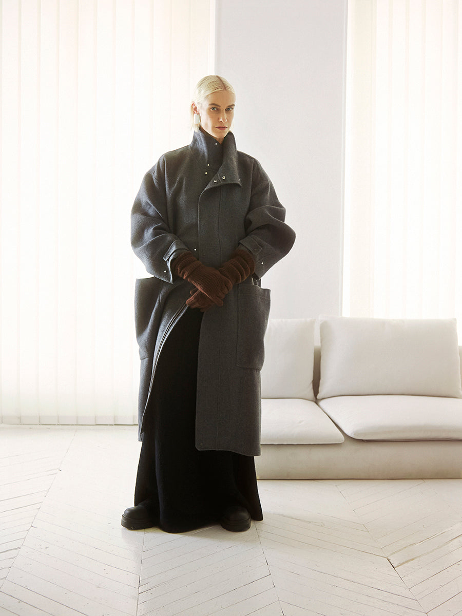 Coat / JNBY Mandarin-collar A-line Oversized Coat Grey
