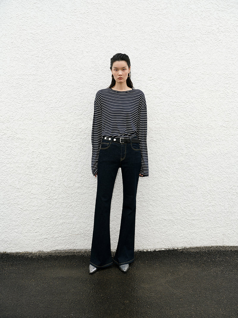 T-Shirt / JNBY Relaxed-fit Silk Long-sleeve T-shirt Black white