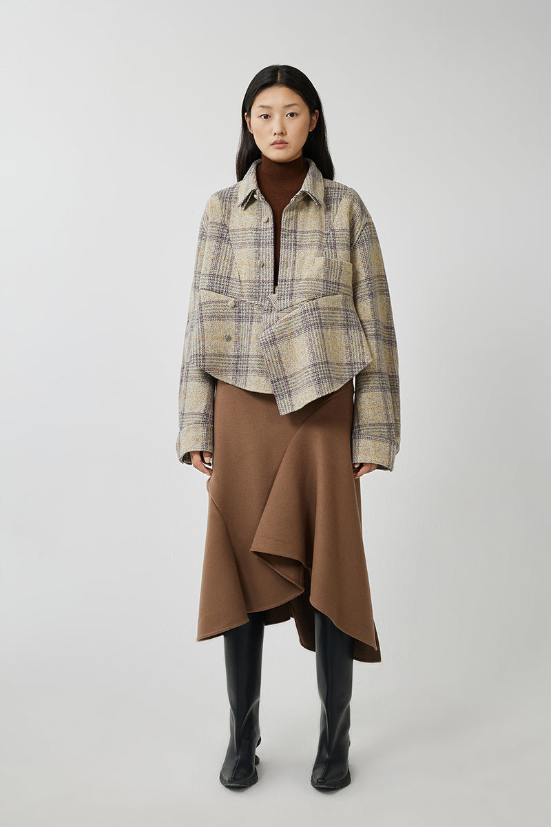 Coat / JNBY Plaid Ruffled Wool Shirt Jacket Beige