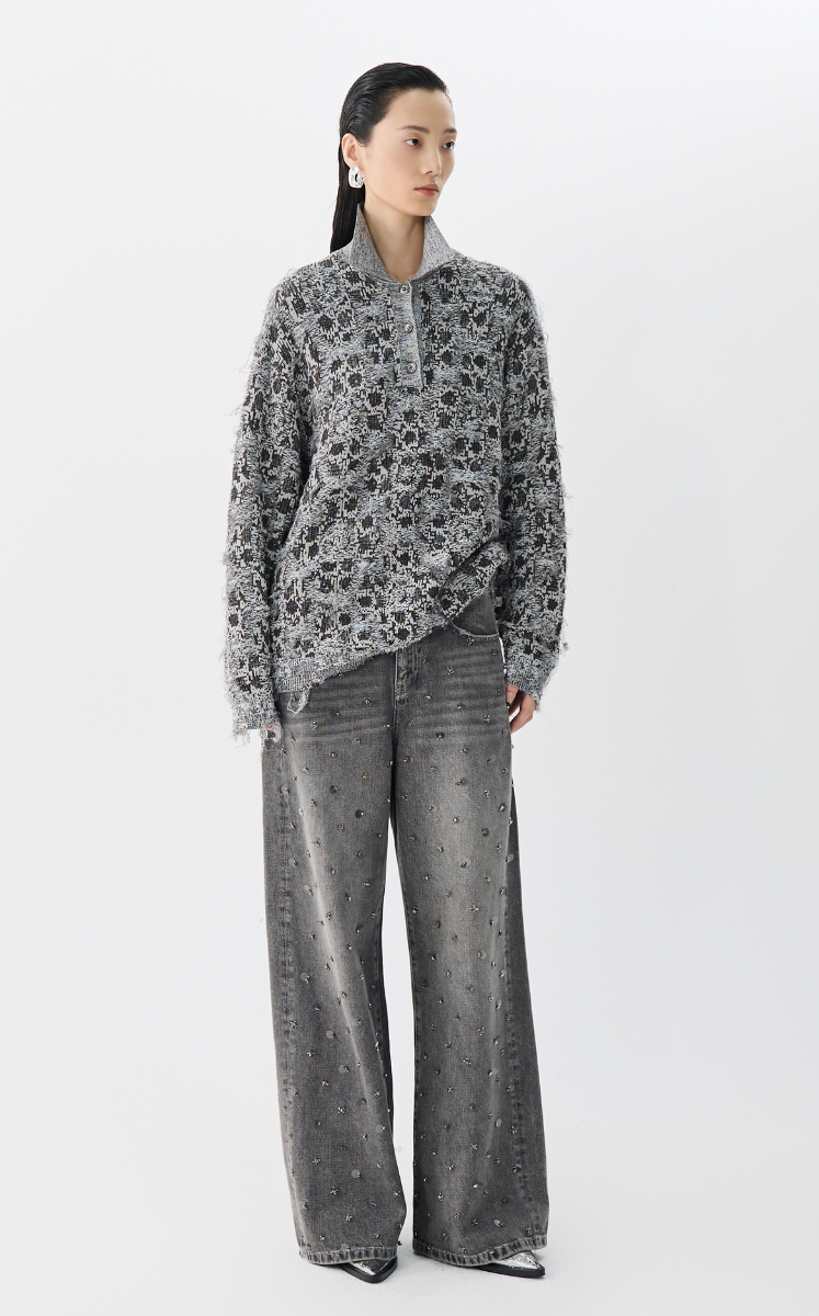 Sweater / JNBY Geometric Patterned Polo Neck Sweater Grey