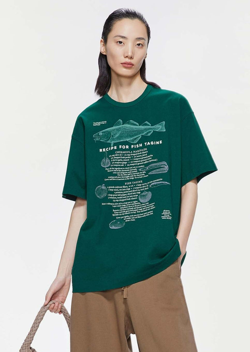 T-Shirt / JNBY Loose Fit Fashion Printed Crewneck T-Shirt Dark Green