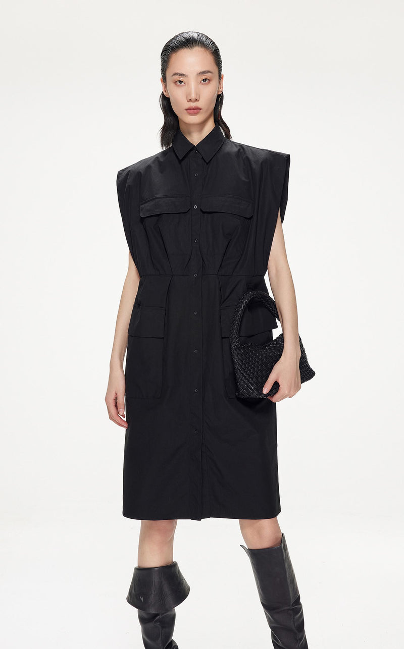 Dresses / JNBY Loose Fit Shirt Style Short Sleeve Dress (100% Cotton) Black