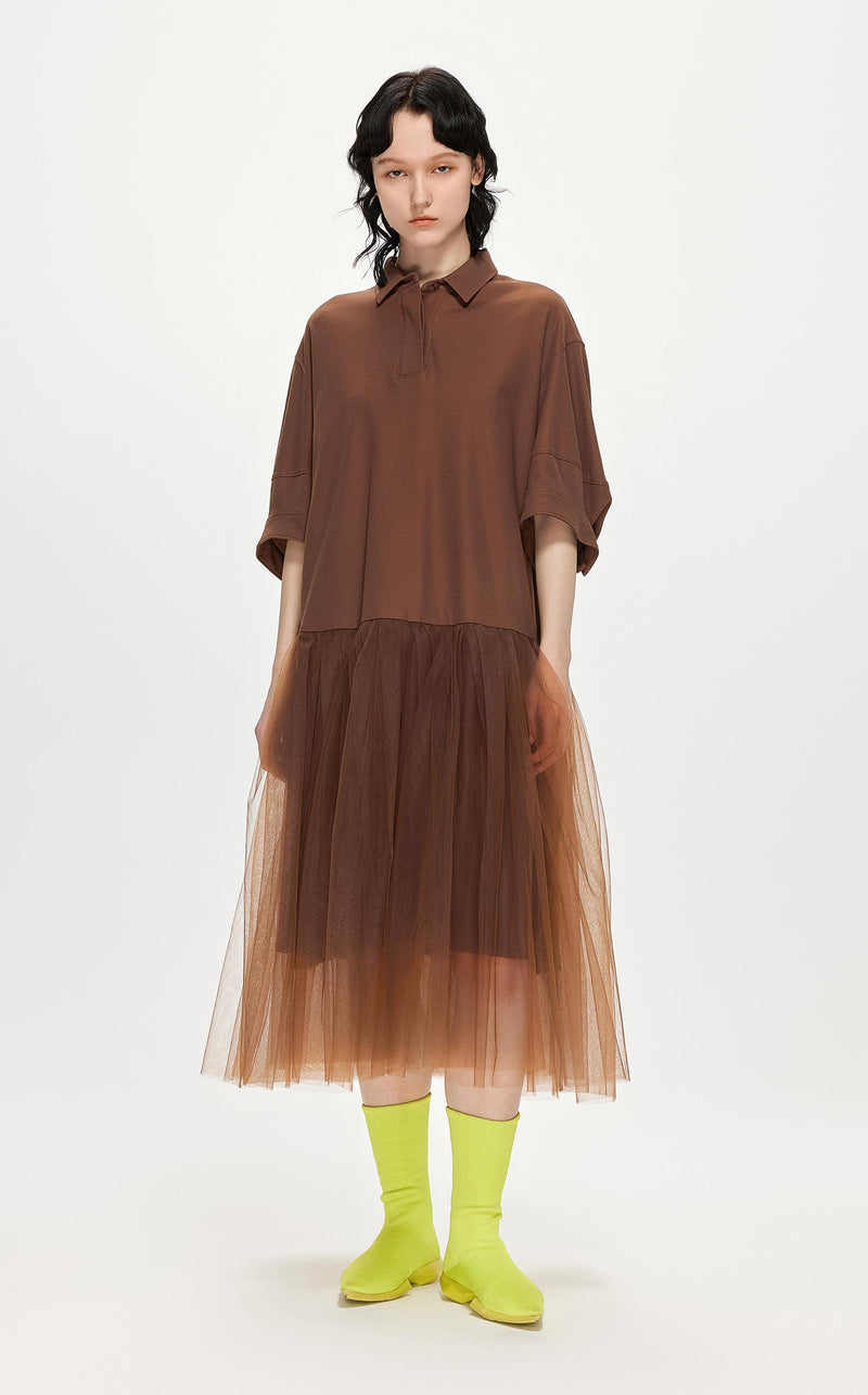 Dresses / JNBY Polo Style Patched Mid-Sleeve Gauze Dress Brown