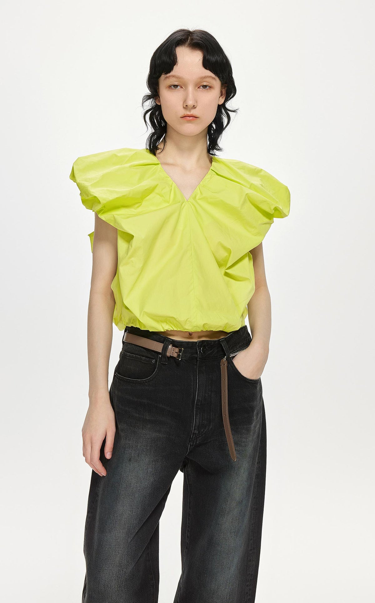 Shirt / JNBY Loose Fit V-Neck Ruffled Sleeveless Top (100% Cotton) Yellow