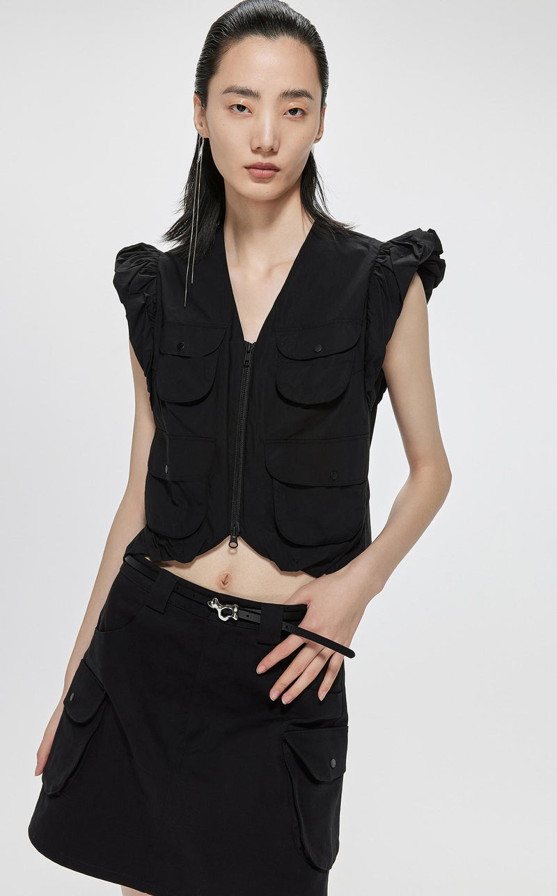 Vest / JNBY Zip-Up Ruffled Shoulder Sleeveless Short Vest (100% Cotton) Black