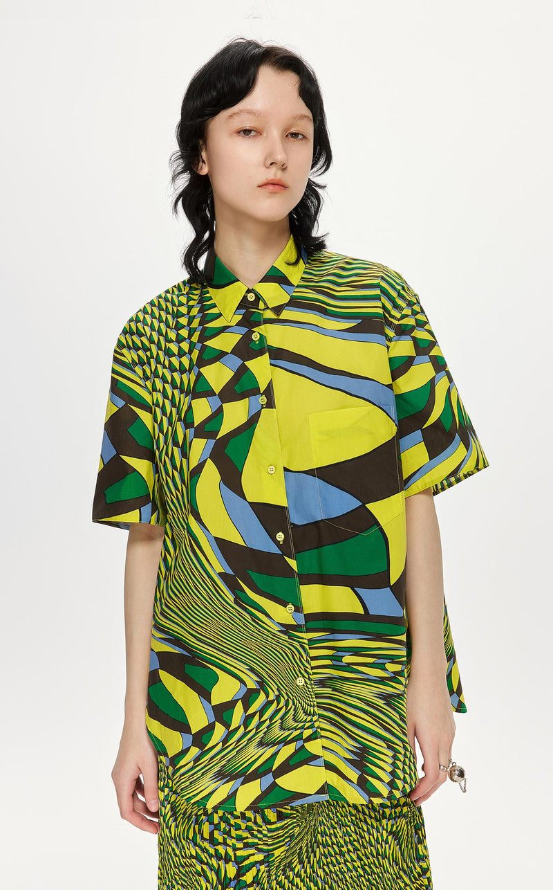 Shirt / JNBY Loose Fit Full Print Short Sleeve Shirt (100% Cotton) Green