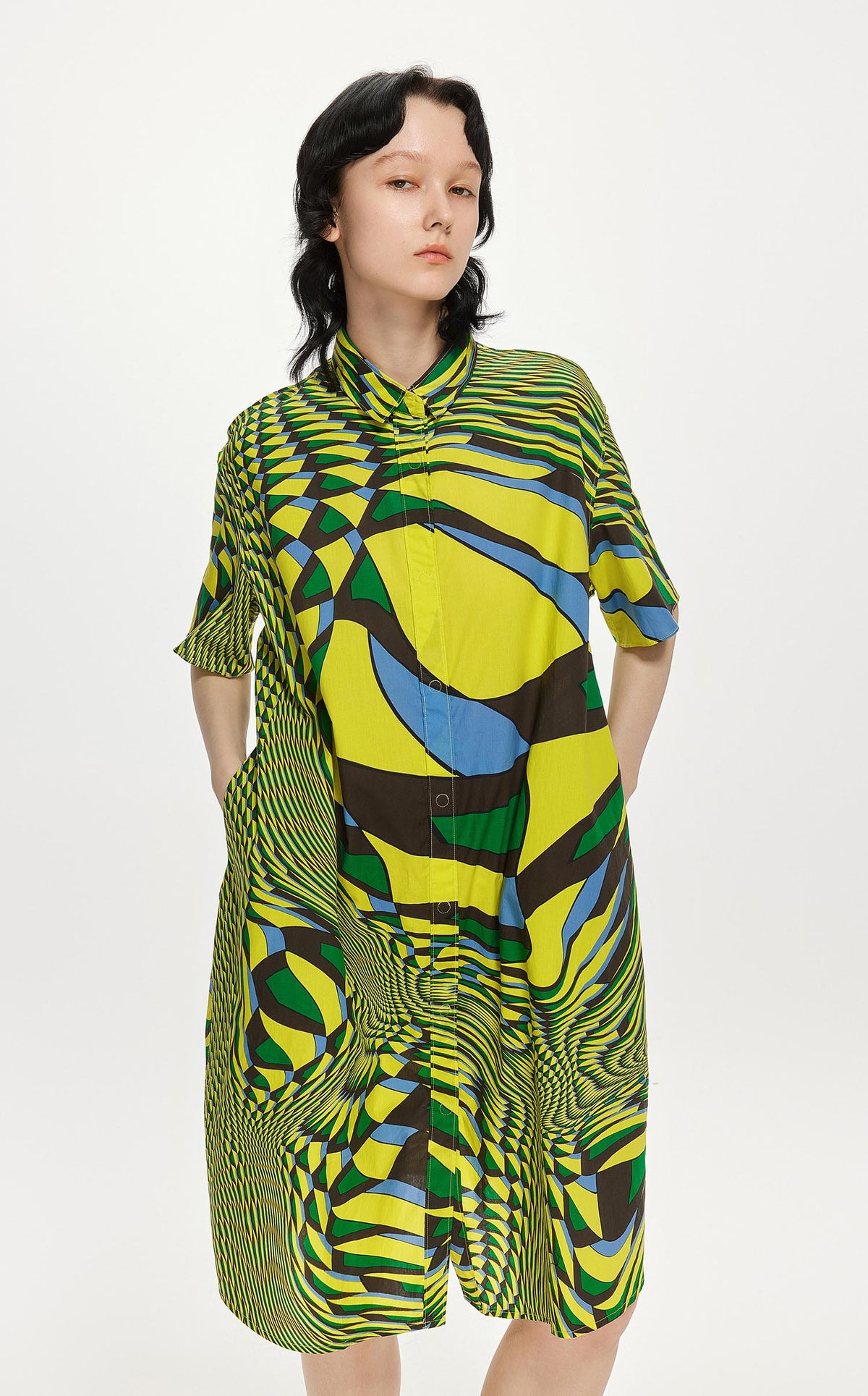 Dresses / JNBY Loose Fit Full Print Short Sleeve Dress (100% Cotton) Green