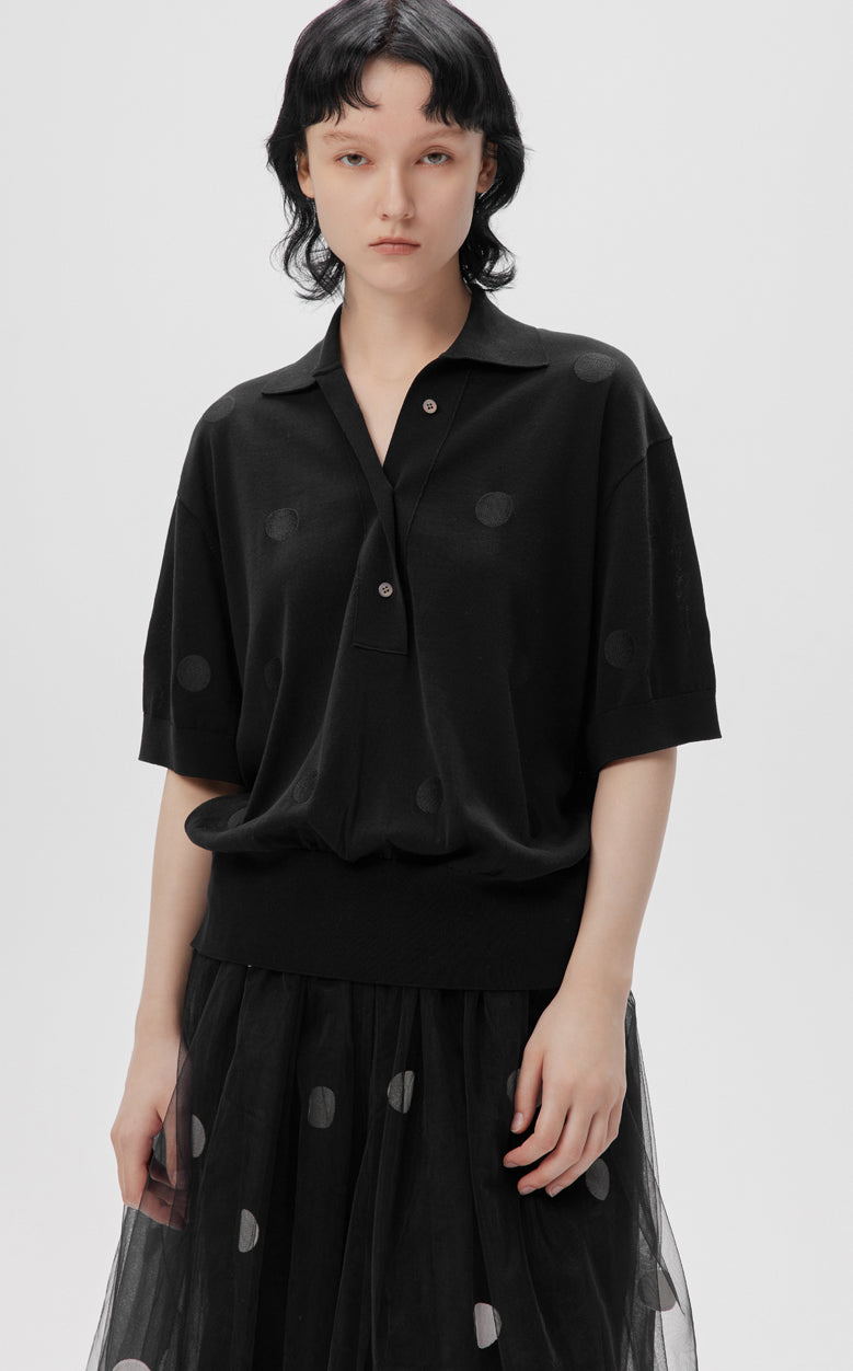 Sweater / JNBY Polka Dot Lapel Collar Short Sleeve Knitted Sweater (100% cotton) Black
