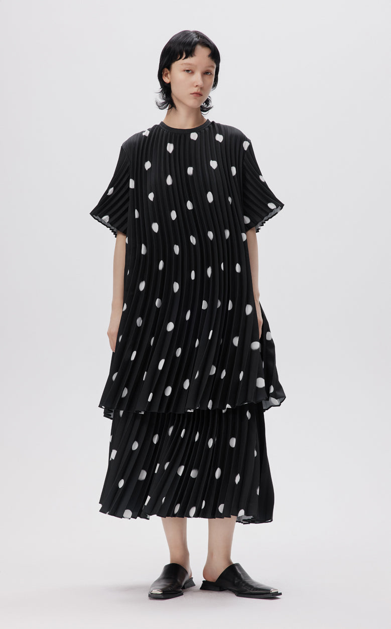 Dress / JNBY Vintage Polka Dot Print Pleated Round Neck Short Sleeve Dress Black