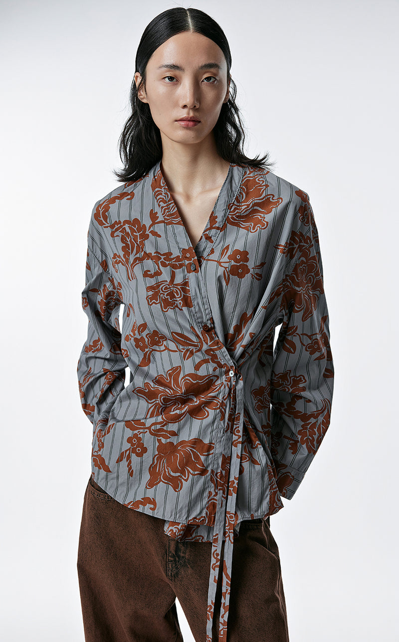 Shirt / JNBY Cotton Loose Fit V-neck Long-sleeved Print Shirt Brown