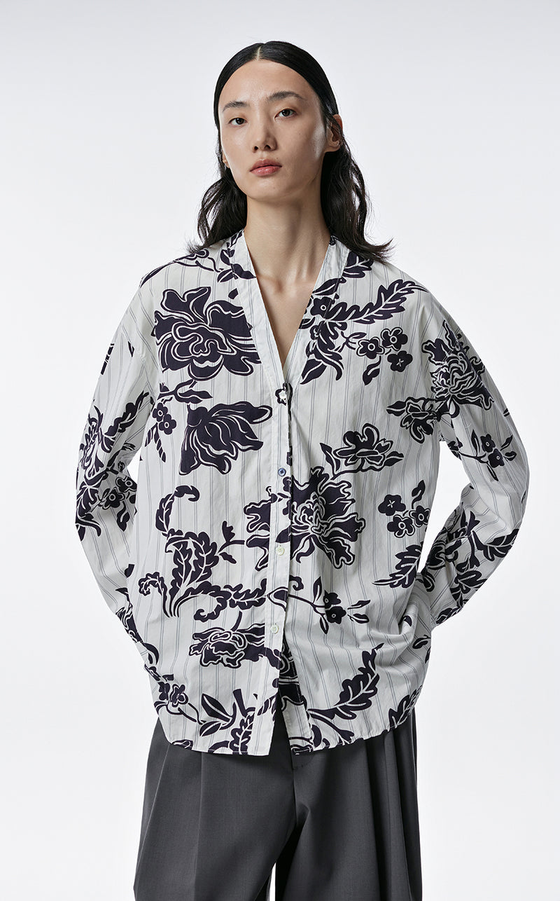 Shirt / JNBY Cotton Loose Fit V-neck Long-sleeved Print Shirt Black