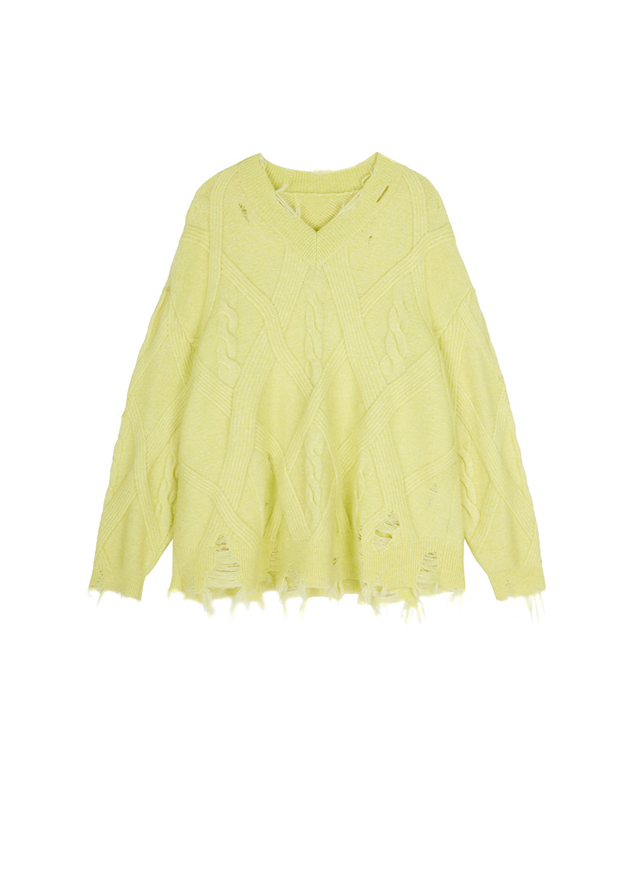Sweater / JNBY Relaxed V-neck Sweater in Twist Knit Yellow