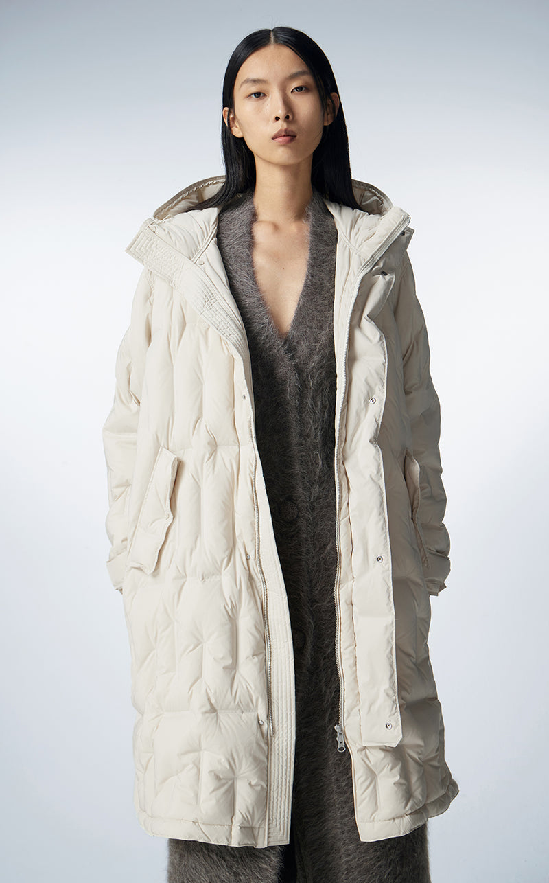Coat / JNBY Knee-length Asymmetric Hooded Down Coat FloralWhite
