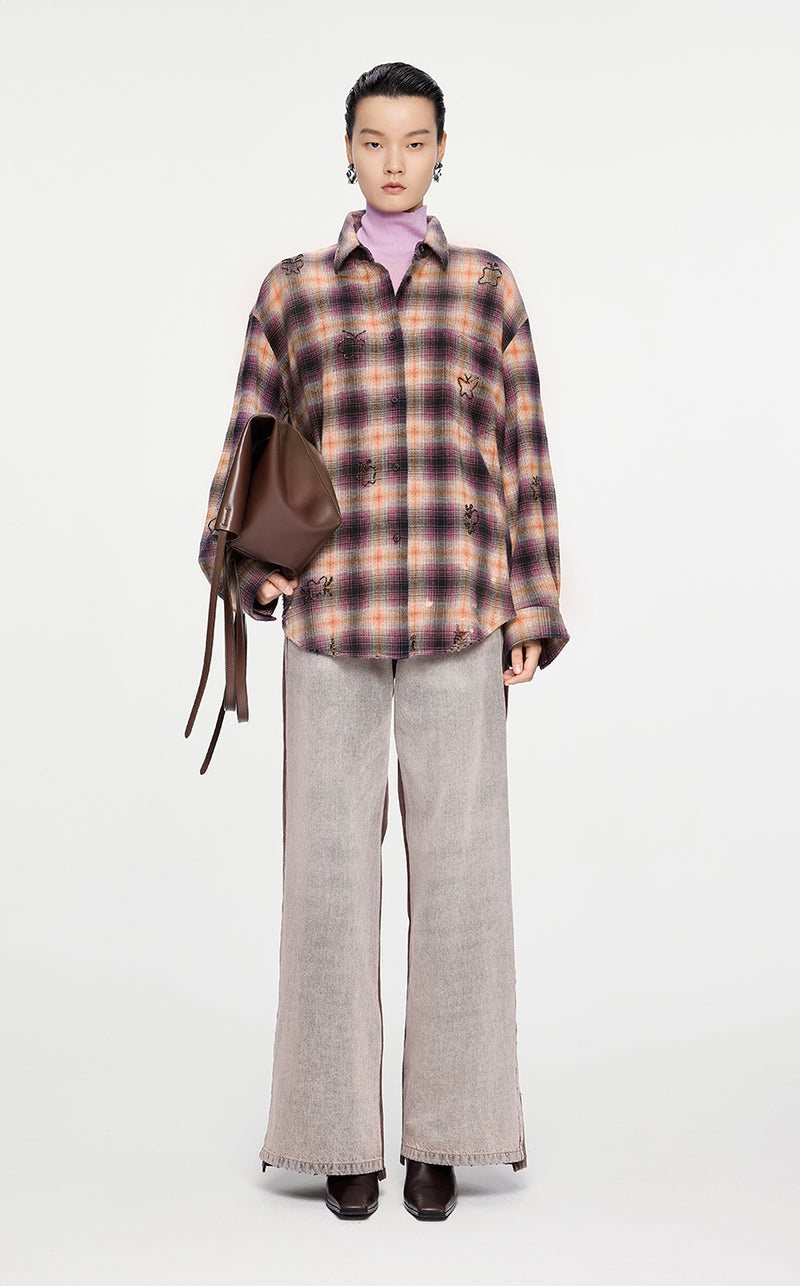 Shirt / JNBY Butterfly Pattern Plaid Shirt Red
