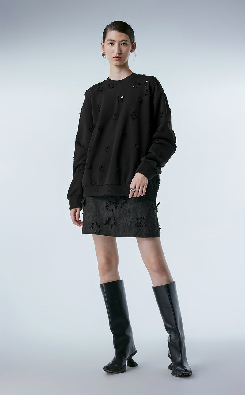 Sweatershirt / (ESG) JNBY Plum Bossom Cut-out Pullover Sweatershirt Black
