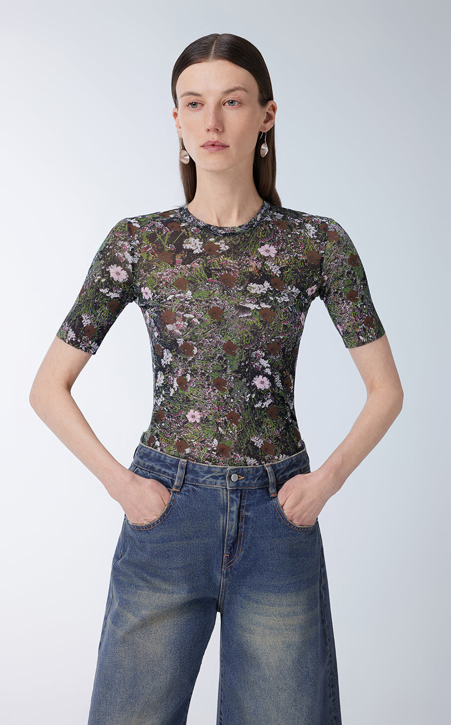 T-shirt / JNBY Floral Print Skin-friendly Short-sleeve T-shirt DarkOliveGreen