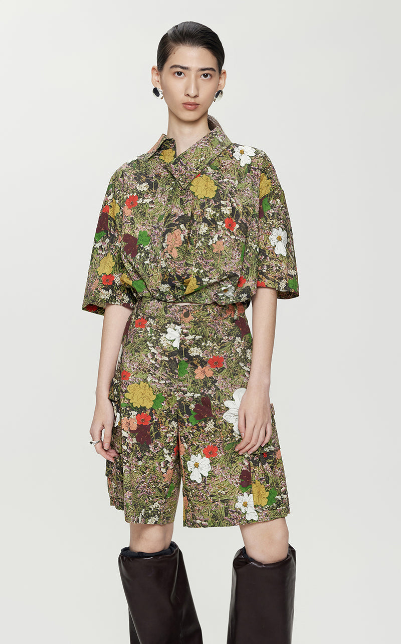 Shirt / JNBY Floral-print Cropped Short-sleeve Shirt DarkOliveGreen