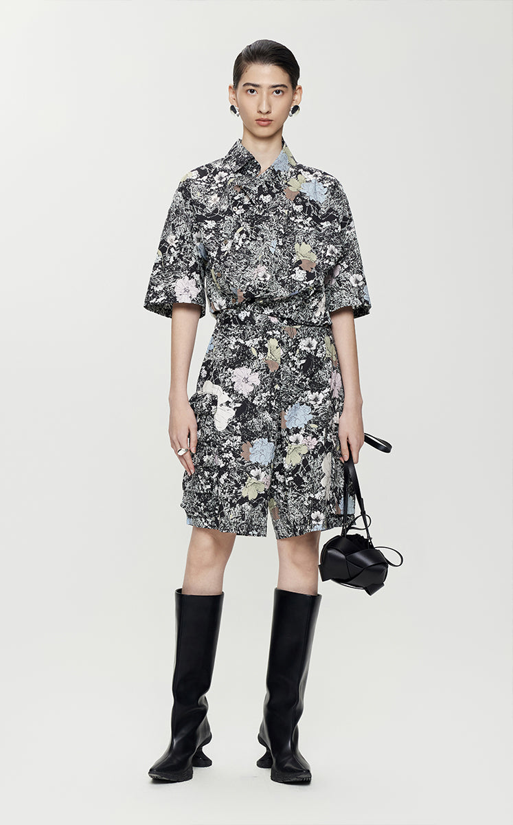 Shorts / JNBY Floral Print Straight Cotton Shorts Black and grey