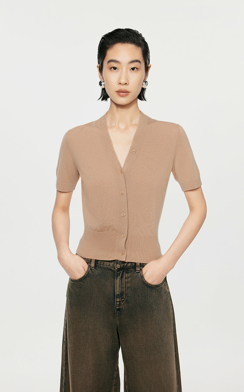 Sweater/JNBY V-neck Slim Fit Short-sleeved Sweater PeachPuff2