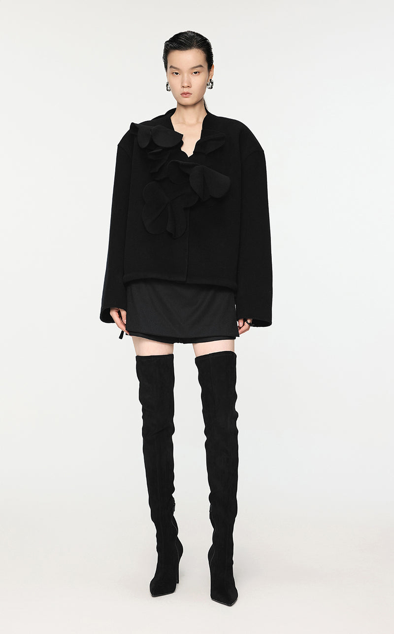 Coat / JNBY 3D-Flower Wool Coat With Drawstring Hem Black