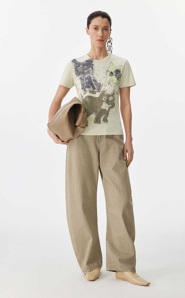 T-shirt / JNBY Playful Cat Graphic Cotton T-Shirt greenish-grey
