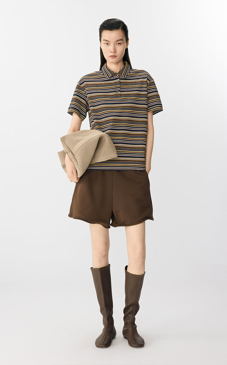 T-Shirt / JNBY Striped Cotton Relaxed Polo Tee Brown