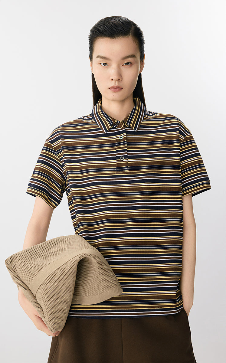 T-Shirt / JNBY Striped Cotton Relaxed Polo Tee