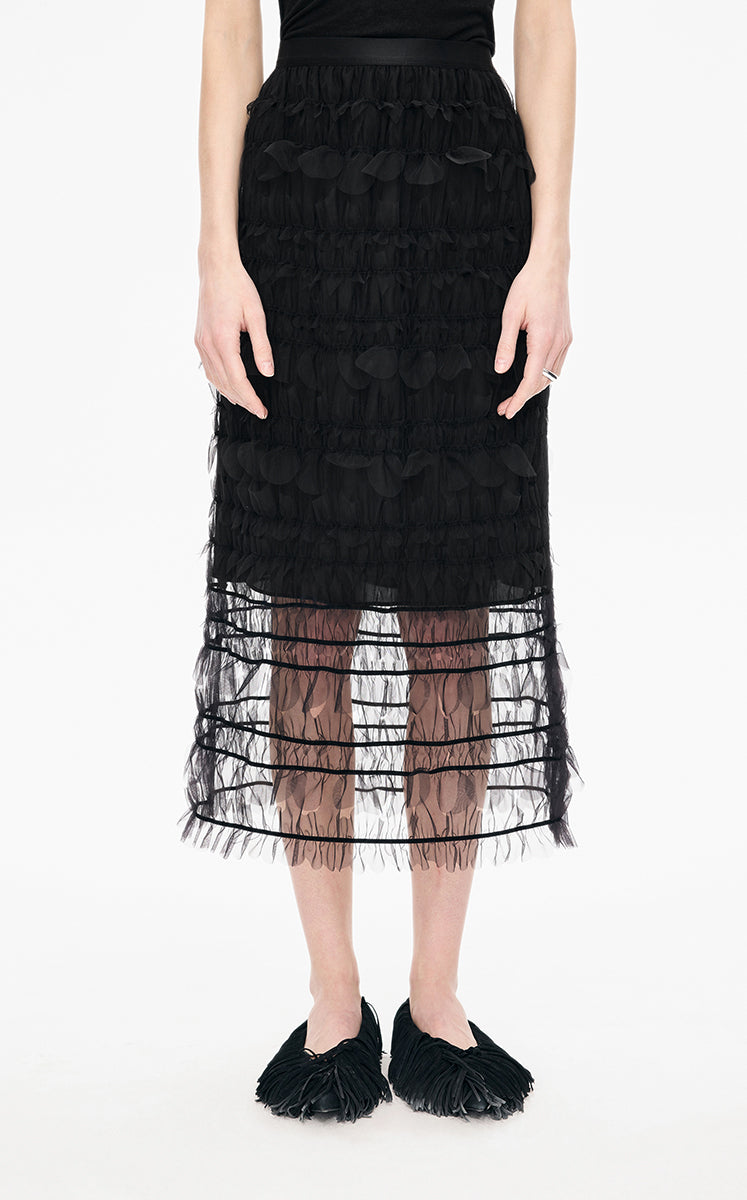 Skirt / JNBY 3D Floral Nylon Mesh Midi Skirt Black