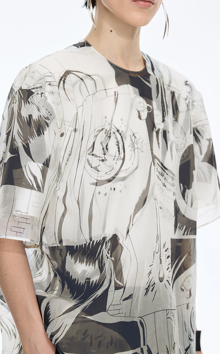 Dress / JNBY Silk Organza Comic Print Layered Dress
