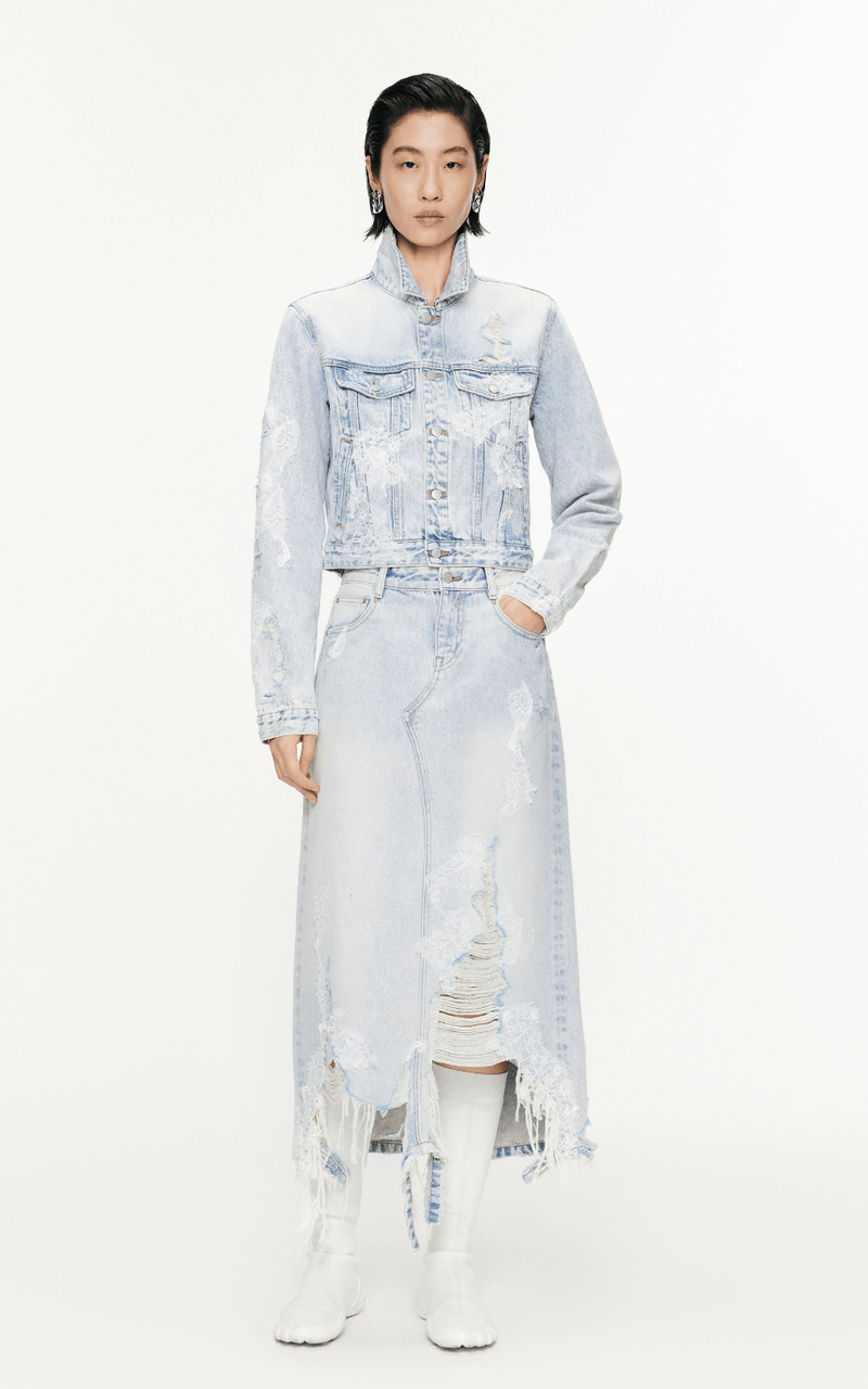 Skirt / JNBY Lace Patchwork Frayed Denim Long Skirt Blue