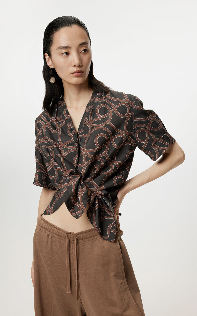 Shirt/JNBY Musical Note Print V-neck Colorblock Short-sleeved Shirt(40% mulberry silk ) Gray