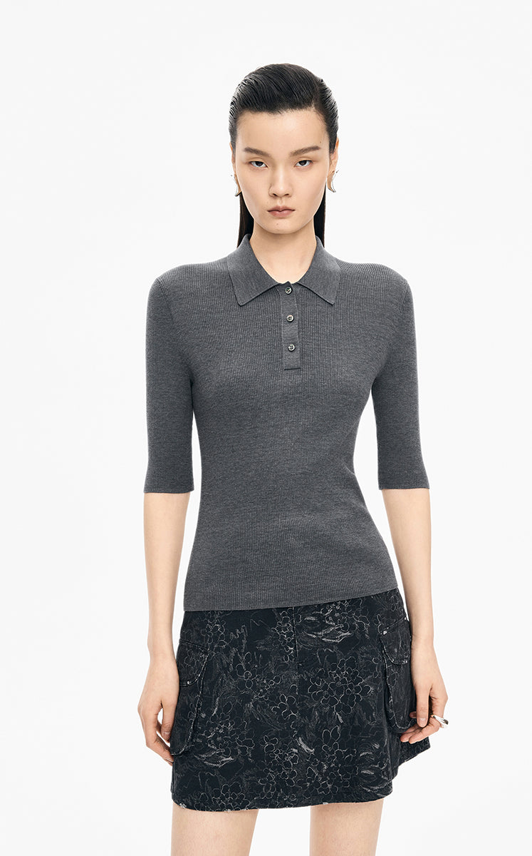 Sweater / JNBY Silk-Cotton Fitted Knit Polo Grey