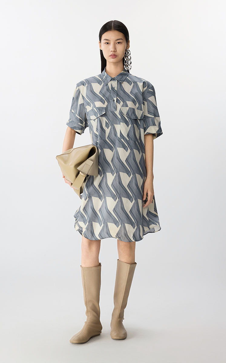 Dress / JNBY Graphic Print Short Sleeve Cotton Dress Grey
