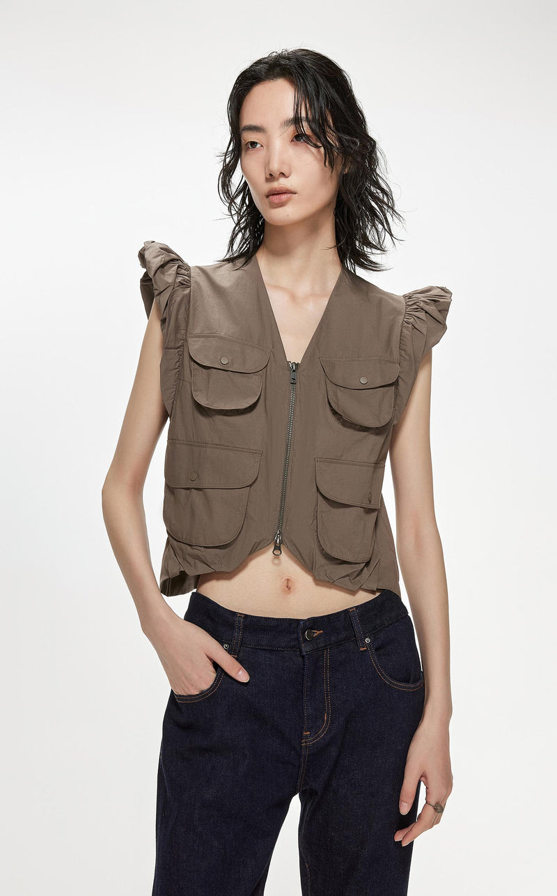 Vest / JNBY Zip-Up Ruffled Shoulder Sleeveless Short Vest (100% Cotton) Brown