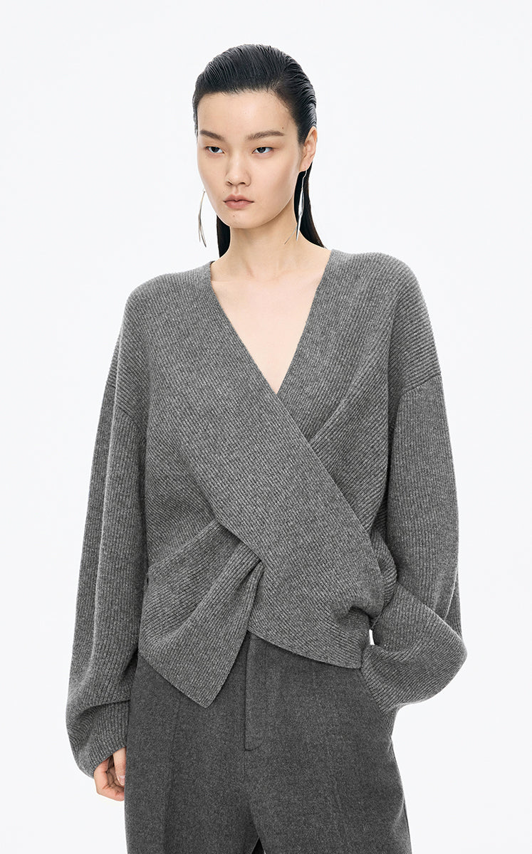 Sweater /(ESG)JNBY Loose Overlap Front Wool Pullover Grey