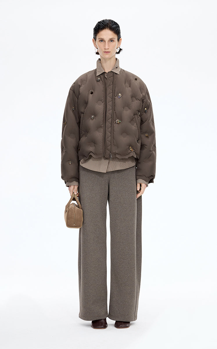 Down Coat / JNBY Oversized Beaded Cropped Down Coat Dark Brown