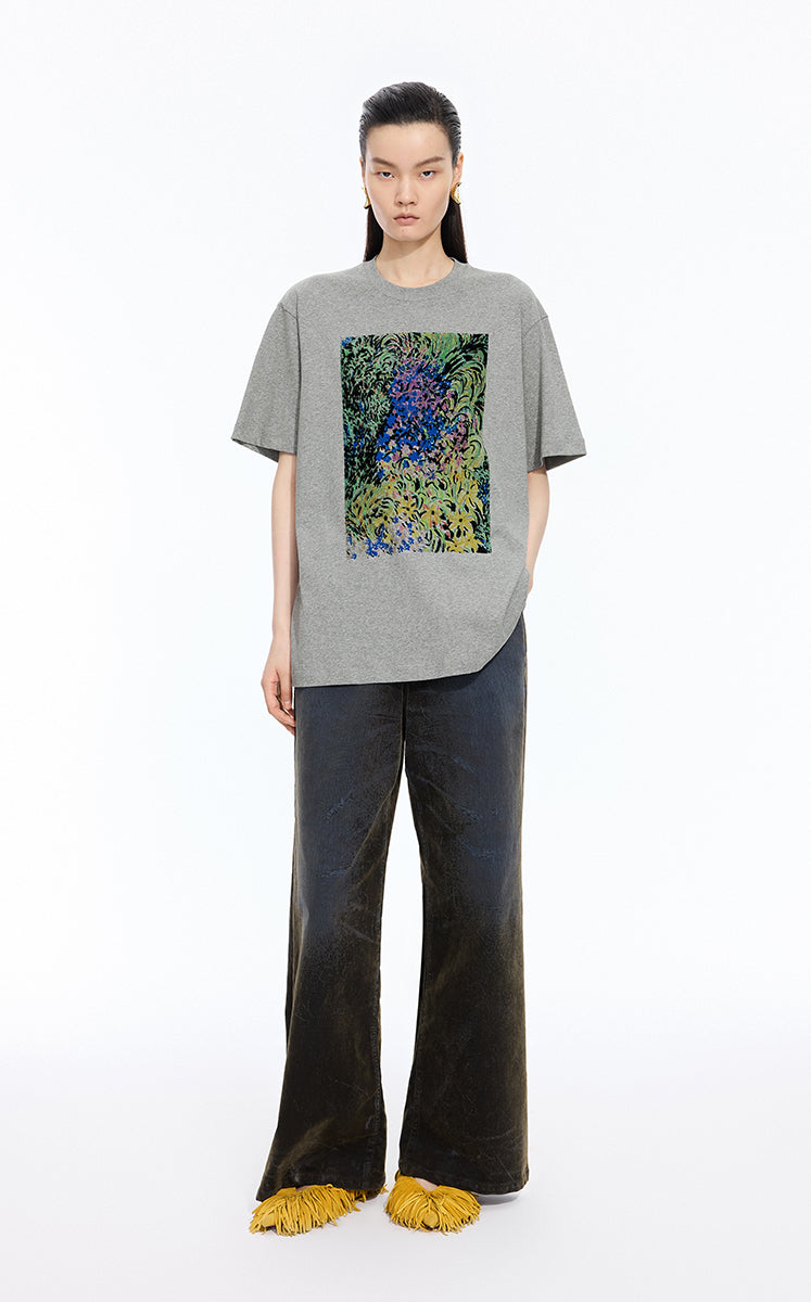 T-shirt / JNBY Hand-Drawn Graphic Loose Cotton Tee Grey