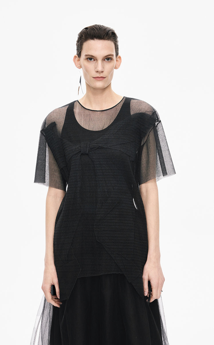 T-Shirt / JNBY Pleated Bow Mesh Detail Relaxed Tee