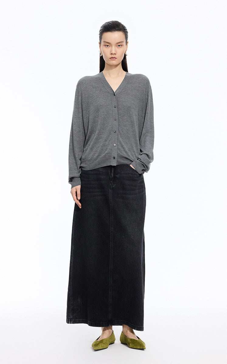 Sweater / JNBY Loose V-neck Silk-Cotton Cardigan Grey