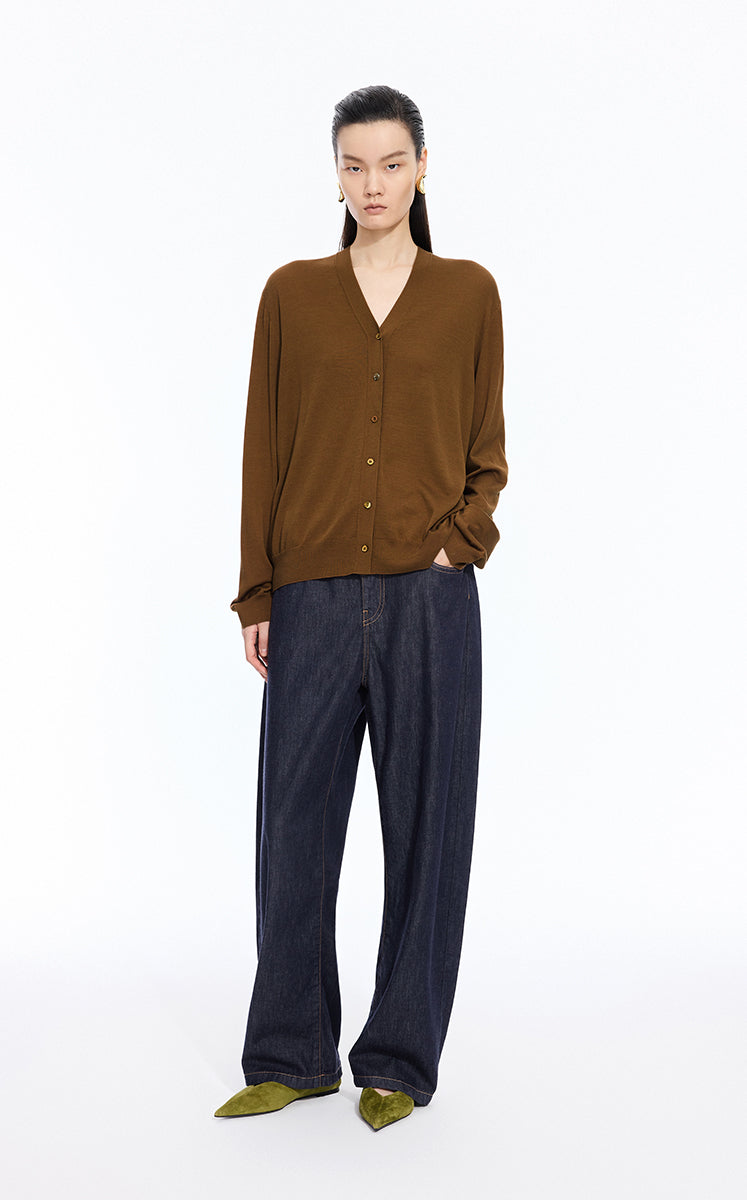 Sweater / JNBY Loose V-neck Silk-Cotton Cardigan Yellow coffee