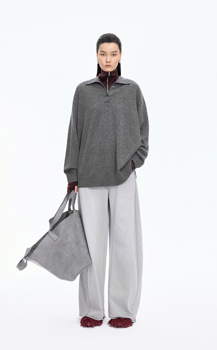 Sweater / JNBY Oversized Wool-Cashmere Polo Pullover Grey