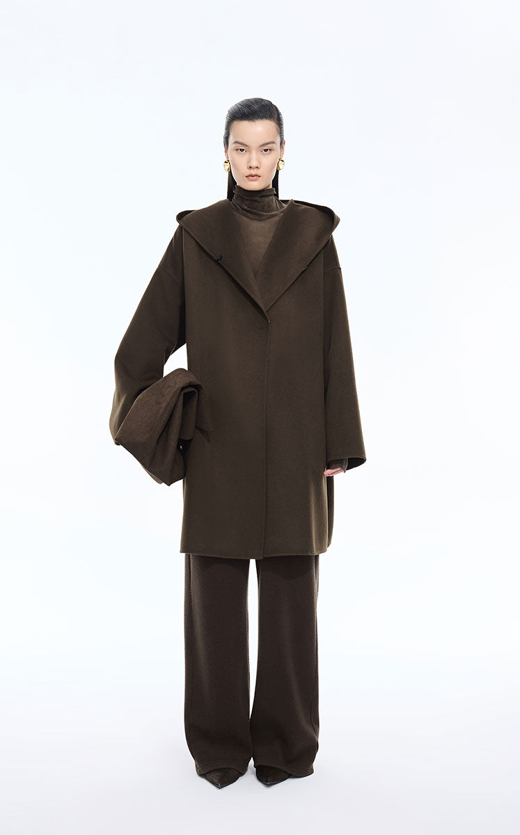 Coat / JNBY Oversized Hooded Wool-Cashmere Blend Coat Tea