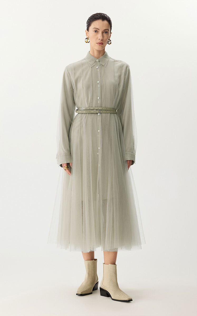 Dress / JNBY A-Line Mesh Long-Sleeve Dress-2-in-1 Design Grey