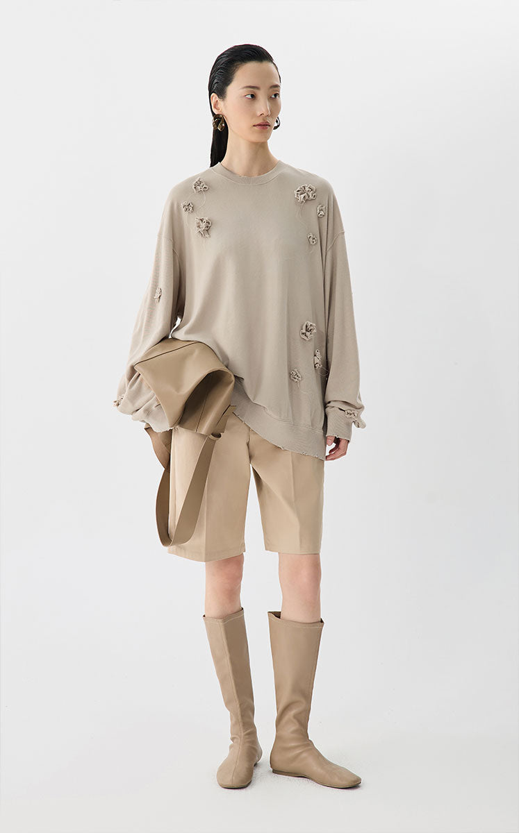 Sweatshirt/ JNBY 3D Floral Fringe Sweatshirt Light grey khaki