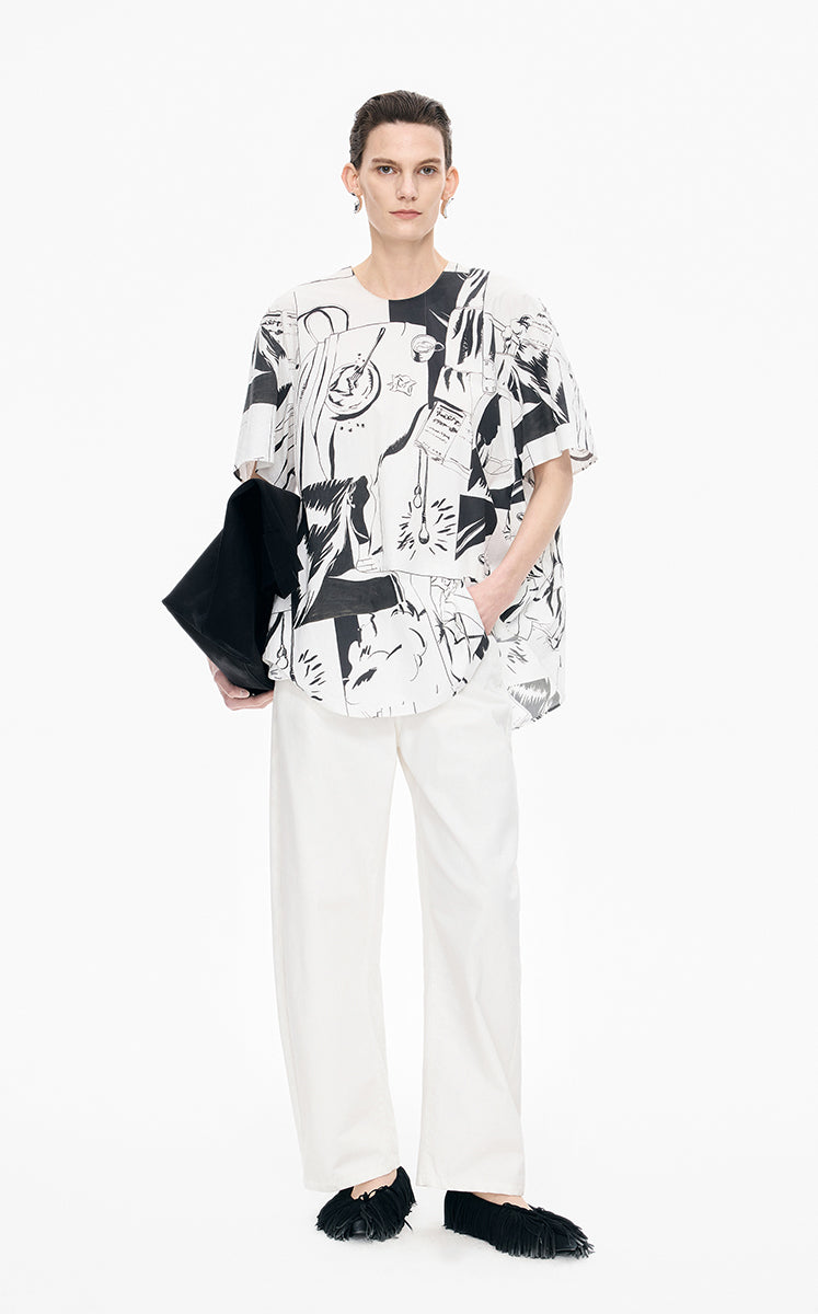 Shirt / JNBY Short-Sleeve Cotton Shirt with Comic Print White