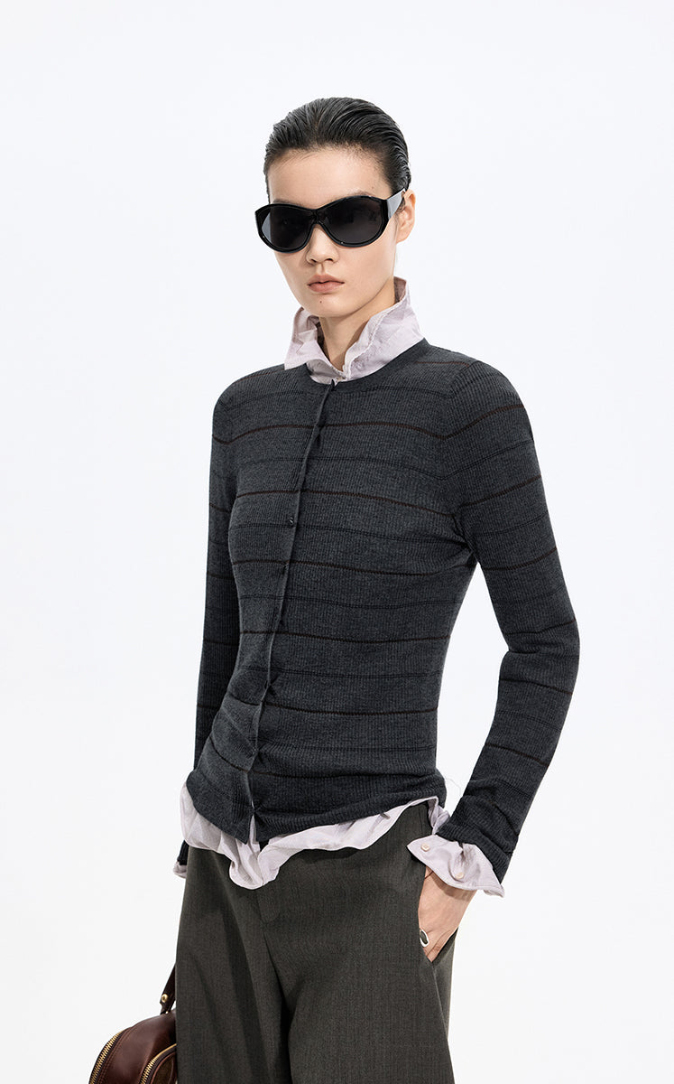 Cardigan / JNBY Merino Wool Blend Striped Ribbed Knit -1