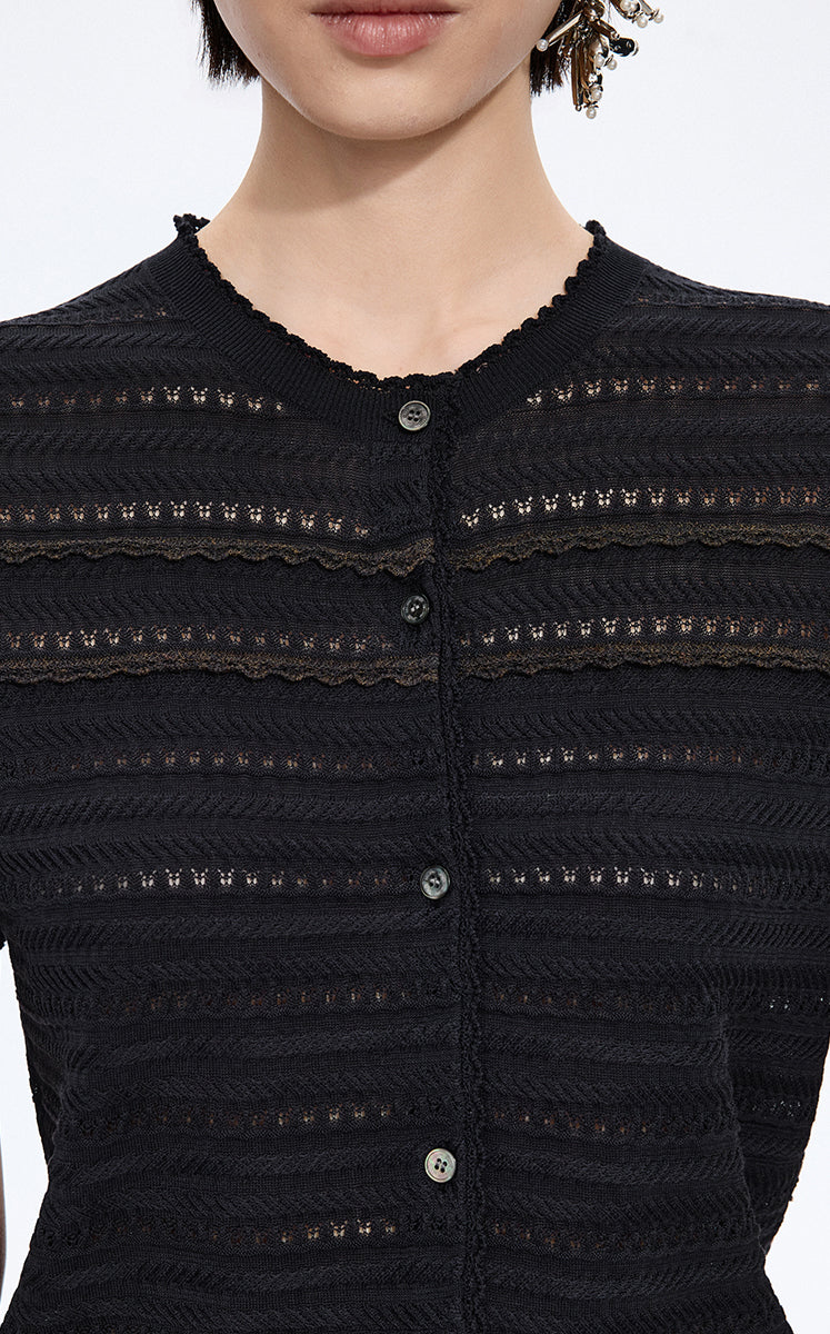 Cardigan / JNBY Open-Knit Cotton Cropped Cardigan Black Navy-3