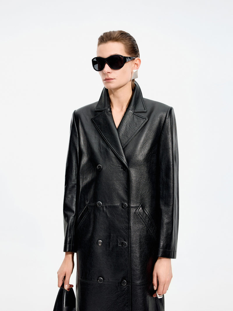 Coat / JNBY Long Double-Breasted Sheepskin Leather Jacket Black-1