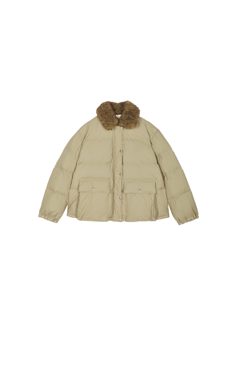 Down Coat / JNBY Shearling Collar A-Line Mid-Length Down Coat Yellow Kahaki