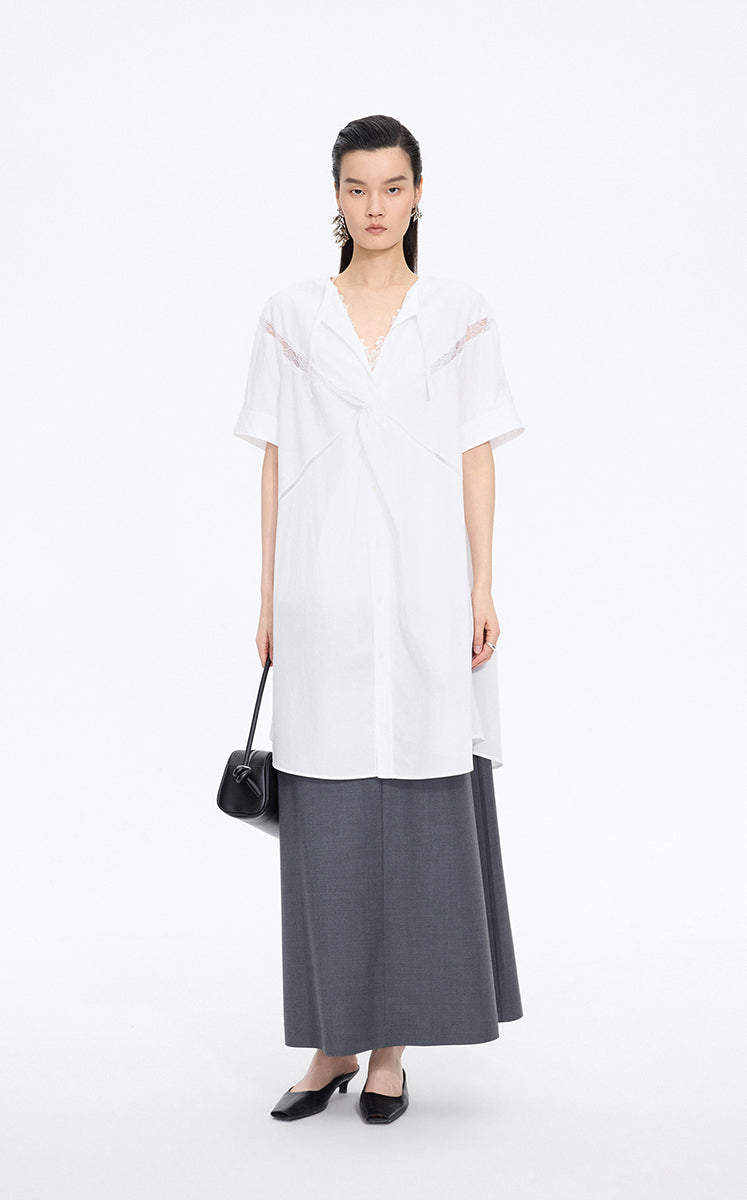 Dress / JNBY Lace Panel Twist V-Neck Dress Ecru